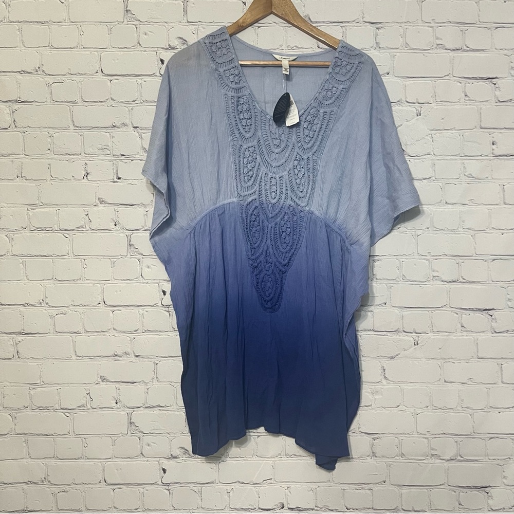 NWT Sonoma Live Lounge Wear Crochet Trim Caftan Empire Tunic in Jewel Blue XL